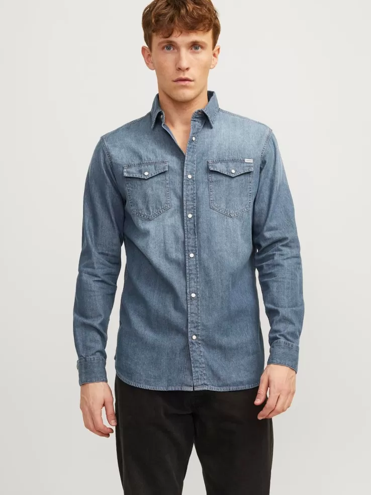Cheap JACK & JONES Slim Fit Denim Shirt Blue